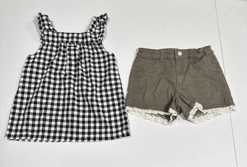 Lot Of 2 Carters Flutter Sleeve Gingham Top H&M Green Lace Hem Shorts Girl Sz 7